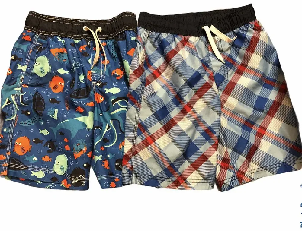 Gymboree Blue Red Orange Fish Plaid Bathing Suits size 7